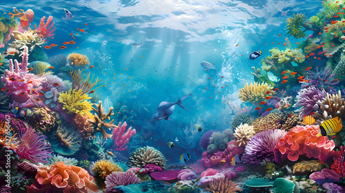 A colorful coral reef teeming with marine life beneath the ocean surface © Muhammad