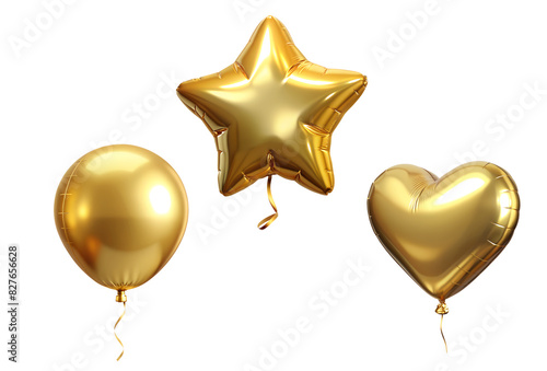 Foil gold 3d birthday metallic helium balloons of different shapes on transparent background. Heart, star and round ball shapes holidays and party decoration concept.