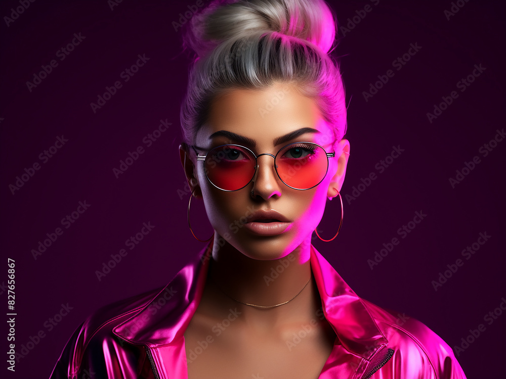 Stylish portrayal a male model in glasses poses against a neon-lit backdrop, capturing emotions Stylish portrayal a male model in glasses poses against a neon-lit backdrop, capturing emotions