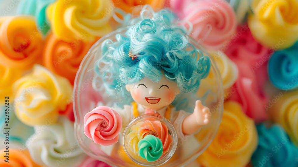 Diorama of a Happy Little Girl in the Middle of Colorful Swirly Cake
