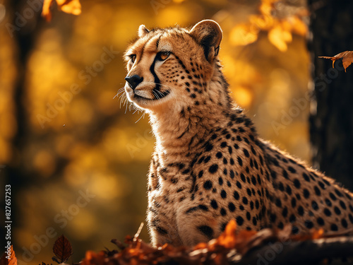 Portrait captures cheetah's presence in an autumn forest photo