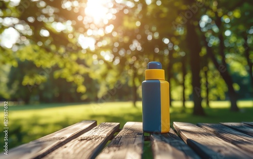 Blue and yellow water bottle on wooden table in park with sunlight. photo