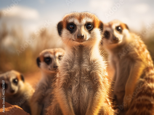 Meerkat clan African carnivores, suricata suricatta, in focus photo