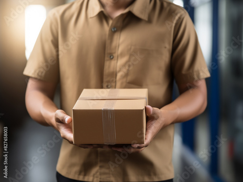 Asian man signs for delivery package with smartphone © Llama-World-studio
