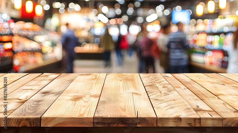 Commercial Space, Empty Wooden Table in Supermarket Interior