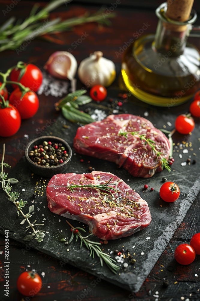 delicious raw beef steaks and vegetables on a black background delicious raw beef steaks and vegetables on a black background