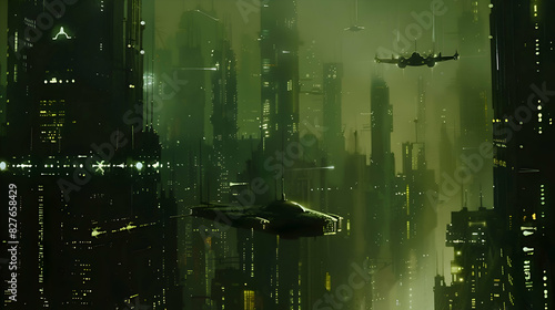 A futuristic cityscape with towering skyscrapers and flying vehicles