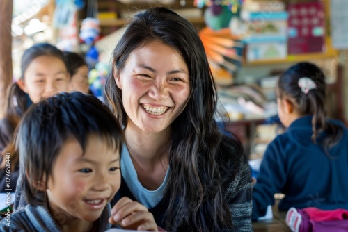Happy woman and child smiling in a classroom setting with other students. Warm and joyful atmosphere in an educational environment.