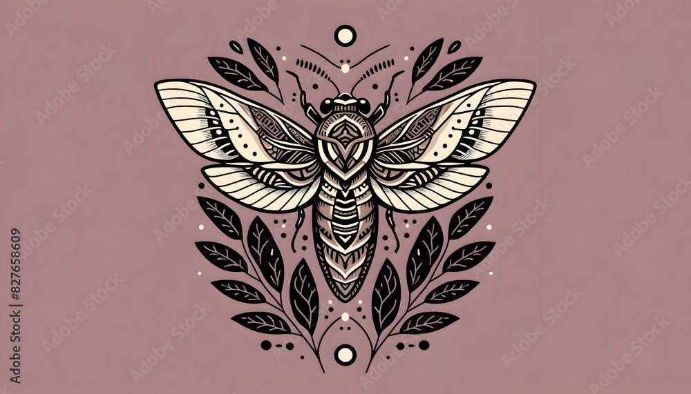 Stylized Cicada Illustration with Intricate Patterns on Mauve Background in Cream and Black Hues Stylized Cicada Illustration with Intricate Patterns on Mauve Background in Cream and Black Hues