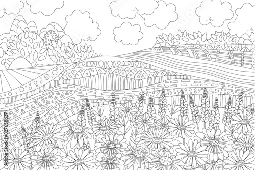 coloring book page for adults and children. cloudy rustic scenic © Aloksa