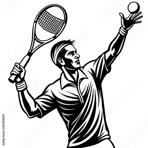  a tennis player serving ball, black and white vector illustration