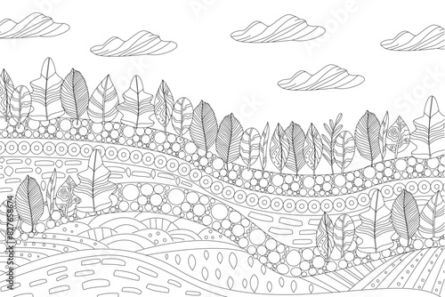 coloring book page for adults and children. cloudy rural landsca © Aloksa