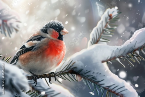 A male bullfinch with bright red and black plumage perches on a snowy branch during a snowfall.