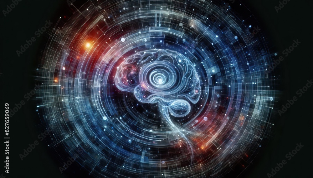 A swirling vortex of data streams, transforming into a human brain in the center.(abstract,technolgy) A swirling vortex of data streams, transforming into a human brain in the center.(abstract,technolgy)