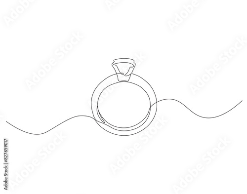 Continuous one line drawing of wedding ring. One line drawing illustration of ring for engagement. Romantic engagement concept continuous line art. Editable outline.