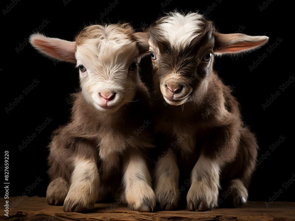Fototapeta premium Just two days old, baby goats delight in their first photoshoot