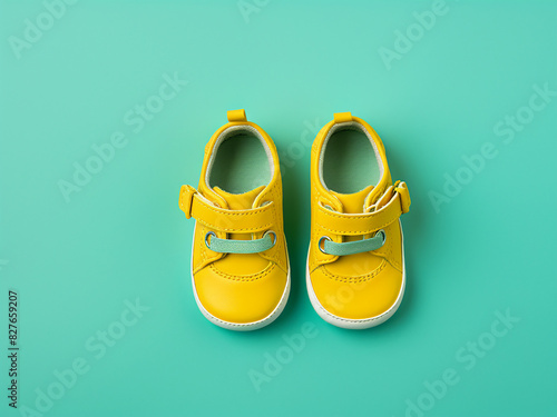 Turquoise baby shoes rest on a yellow background, creating a cute display