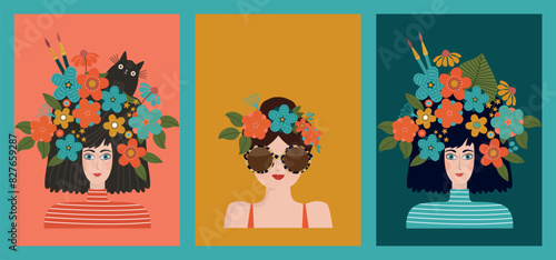 Set of women's portraits with flowers. 