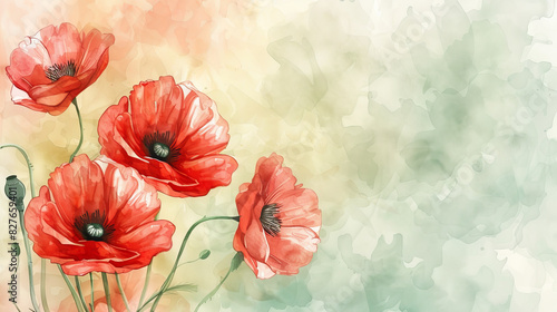 painting watercolor flower background illustration floral nature. red poppies flower background for greeting cards weddings or birthdays. Flowers on a dark background. Copy space.