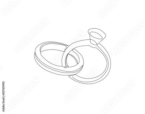 Continuous one line drawing of wedding ring. One line drawing illustration of ring for engagement. Romantic engagement concept continuous line art. Editable outline.