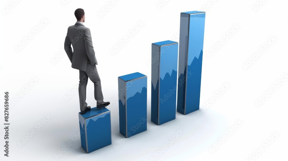 Businessman standing on a bar chart, symbolizing growth and success in business, finance, and career development. Businessman standing on a bar chart, symbolizing growth and success in business, finance, and career development.