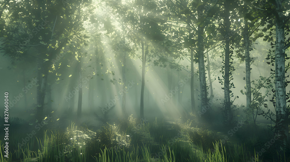Fototapeta premium A misty forest with sunlight filtering through the trees