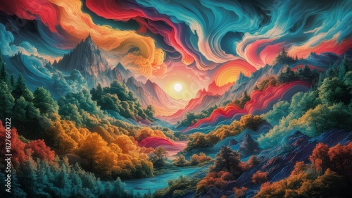 The scene is composed ofa multicolored dreamscape, with swirls of blue, red, yellow, and green photo