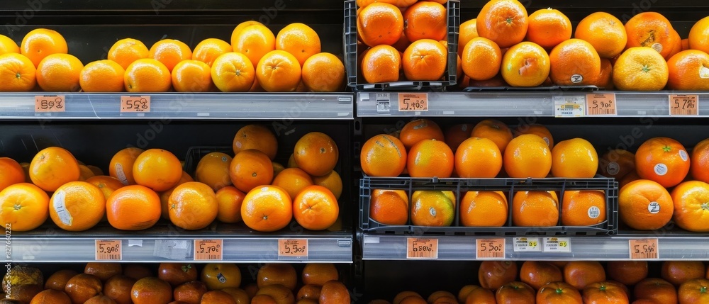 Shelves filled with fresh oranges in a supermarket produce section. Bright, colorful, and healthy fruits ready for purchase. Shelves filled with fresh oranges in a supermarket produce section. Bright, colorful, and healthy fruits ready for purchase.
