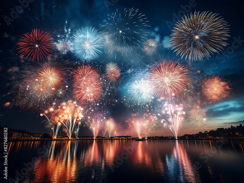 Bright fireworks cascade through the air on a celebratory night photo