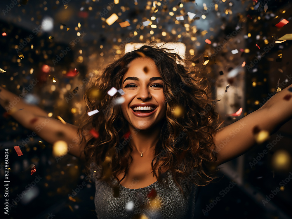 Amid confetti, a joyful girl dances, celebrating New Year and Christmas Amid confetti, a joyful girl dances, celebrating New Year and Christmas