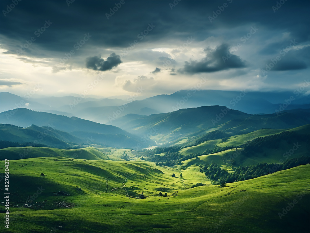 Carpathian beauty unfolds under a dramatic, overcast dusk sky Carpathian beauty unfolds under a dramatic, overcast dusk sky
