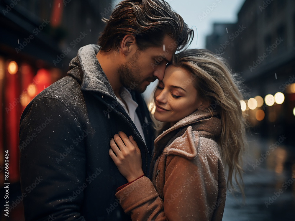 Amid city streets, a happy couple shares an embrace, radiating love Amid city streets, a happy couple shares an embrace, radiating love