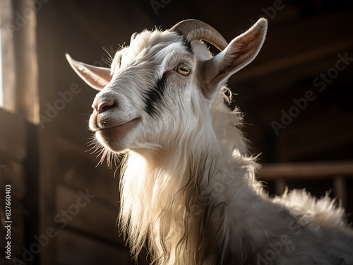 An Alpine goat stands gracefully in the milking line during milking photo