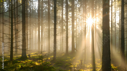 A misty forest with sunlight filtering through the trees