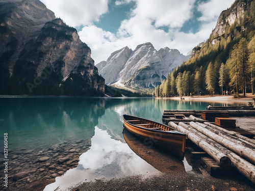 The romantic charm of Braies Lake in Italy captivates with wooden bridges and boats photo