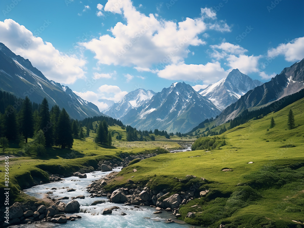 A daytime scene reveals the beauty of mountainous nature A daytime scene reveals the beauty of mountainous nature