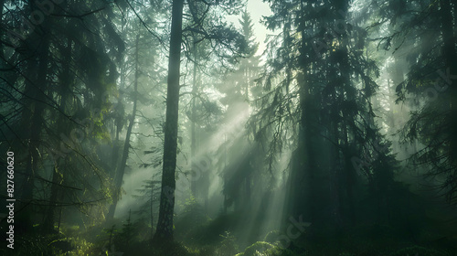 A misty forest with sunlight filtering through the trees