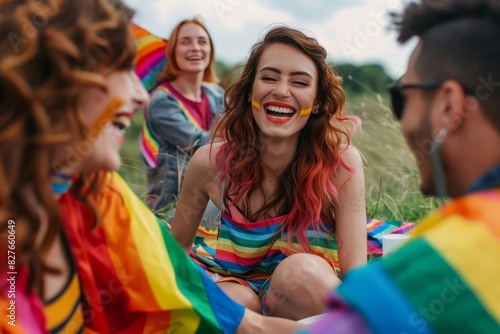 A supportive group of friends from the LGBTQ+ community gathering for a picnic in a grassy field, laughing and enjoying each other's company, with a backdrop of rainbow decorations and positive vibes,