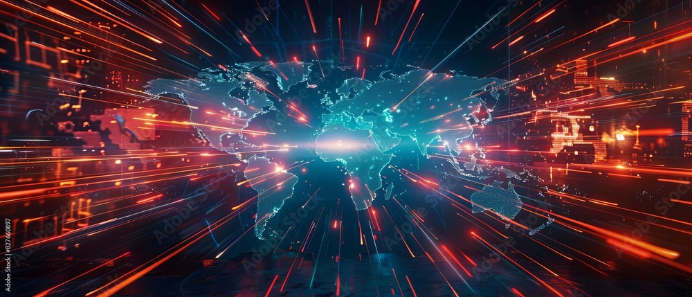 Futuristic digital world map with data points and light streaks, representing global connectivity and advanced technology. Futuristic digital world map with data points and light streaks, representing global connectivity and advanced technology.