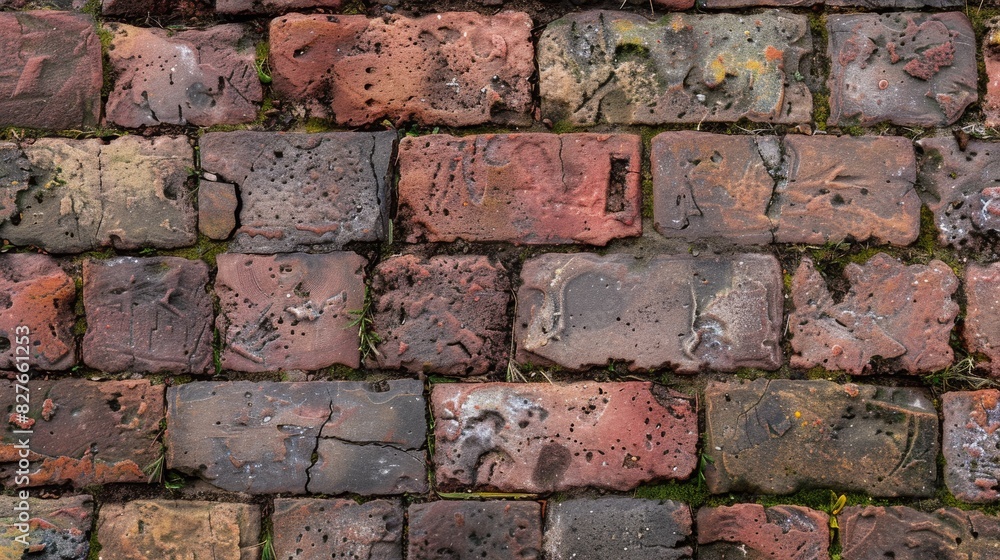 Detailed view of a mosscovered brick wall in the image Detailed view of a mosscovered brick wall in the image
