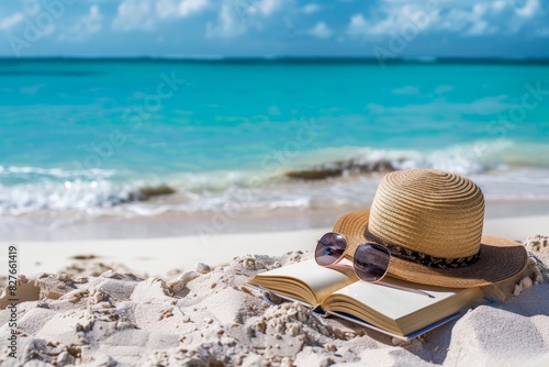 A simple composition of a sun hat, sunglasses, and a book resting on a white sandy beach, with vibrant blue ocean waves in the background, evoking the carefree spirit of summer