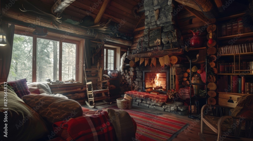 A rustic cabin in the woods with a cozy fireplace and rustic decor
