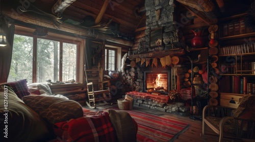 A rustic cabin in the woods with a cozy fireplace and rustic decor