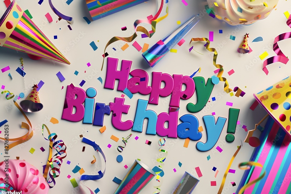 Happy Birthday banner with colorful confetti and streamers, enhancing the festive and joyful spirit of birthday celebrations Happy Birthday banner with colorful confetti and streamers, enhancing the festive and joyful spirit of birthday celebrations