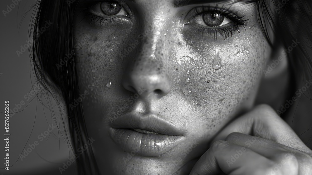 A woman with a puffy face and dark hair A woman with a puffy face and dark hair