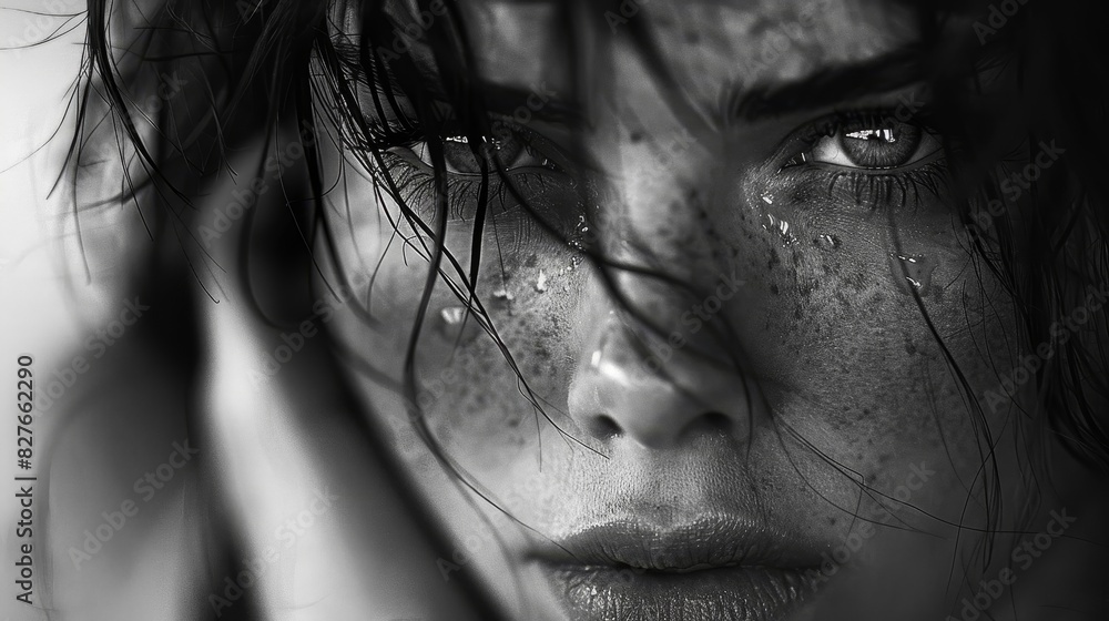 Fototapeta premium A woman with a puffy face and dark hair