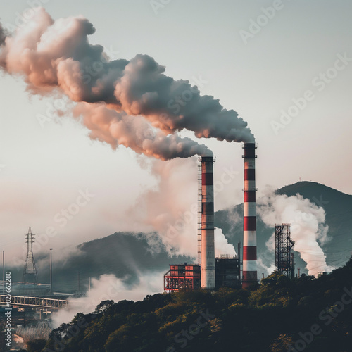 Industrial Smokestacks Emitting Reduced Emissions at Sunrise
