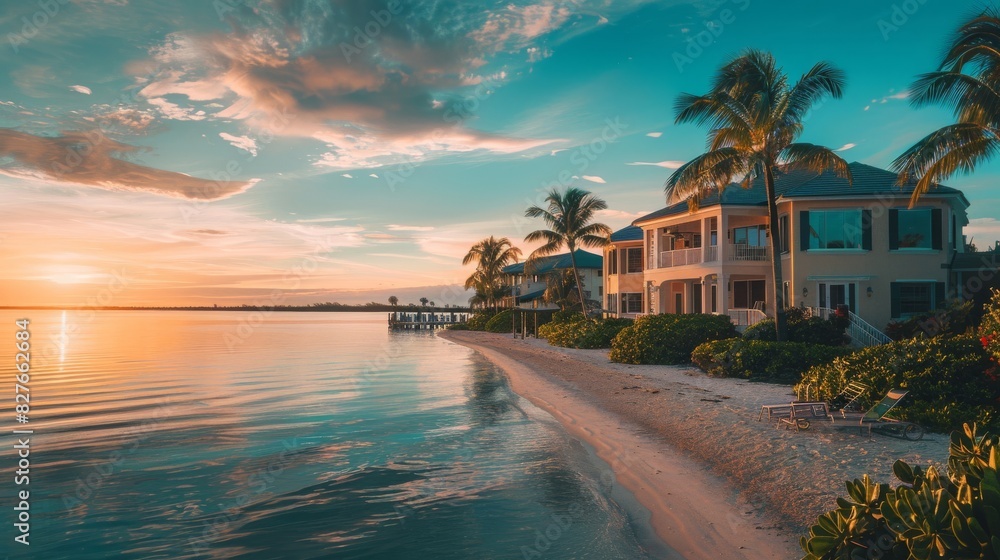 A waterfront house with a private beach and palm trees A waterfront house with a private beach and palm trees