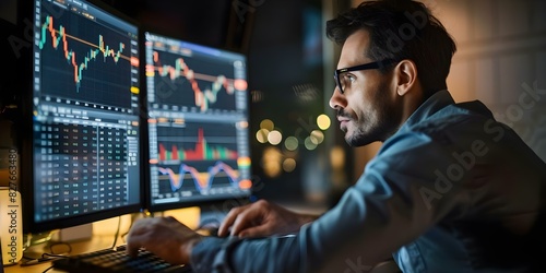 Man trading stocks on computer with graph patterns on monitor screen. Concept Stock Market, Trading Strategies, Financial Analysis, Graph Patterns, Investment Decisions