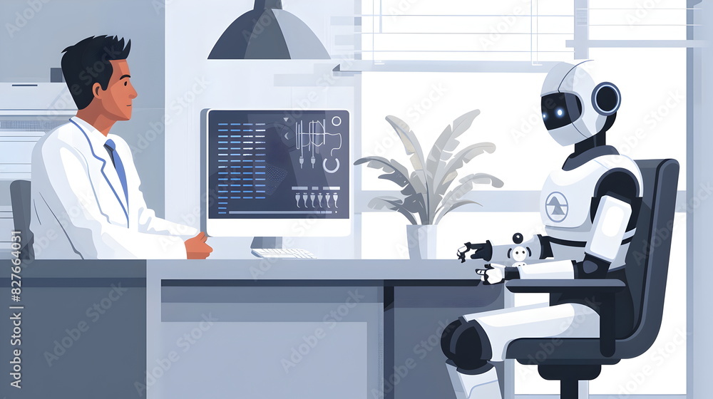 Robot Doctor Vector Simple flat vector illustration of a doctor sitting at him desk with a ...